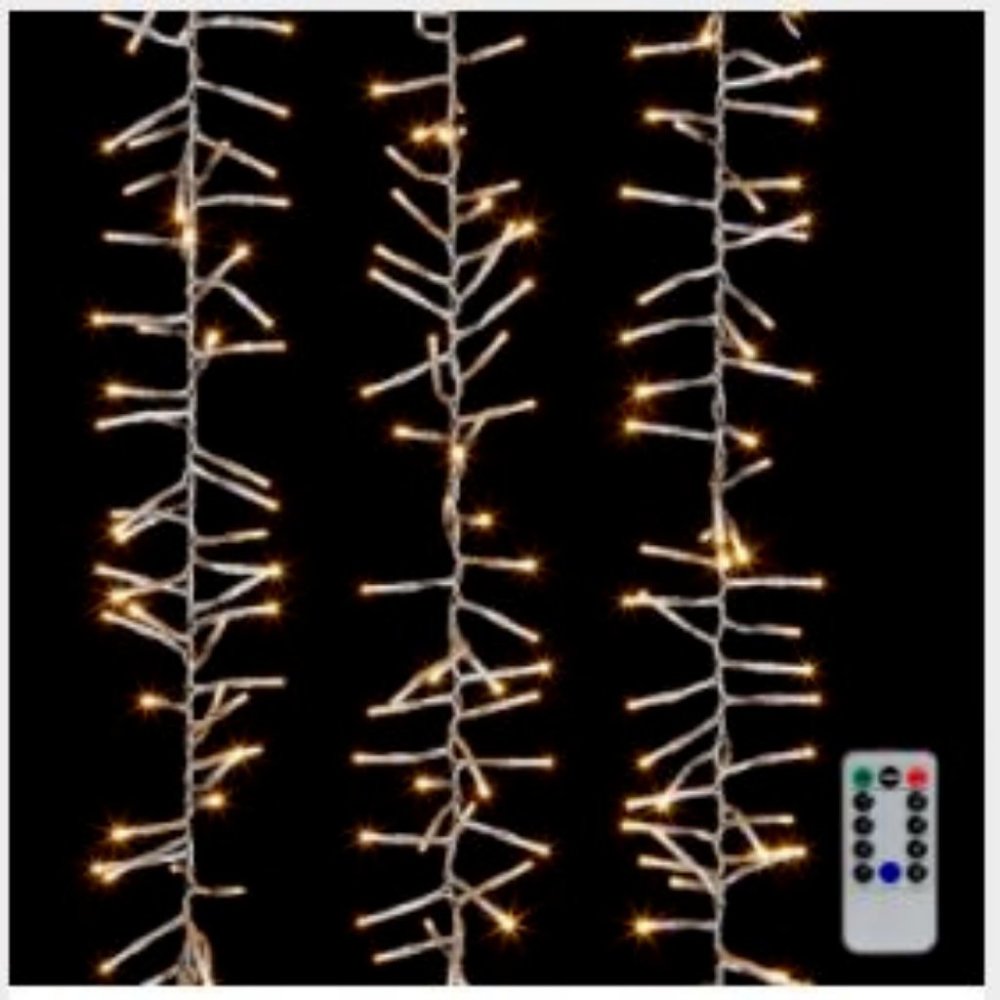 1300 Warm White LED Lights on 44ft CLEAR WIRE w/Remote Christmas Cluster